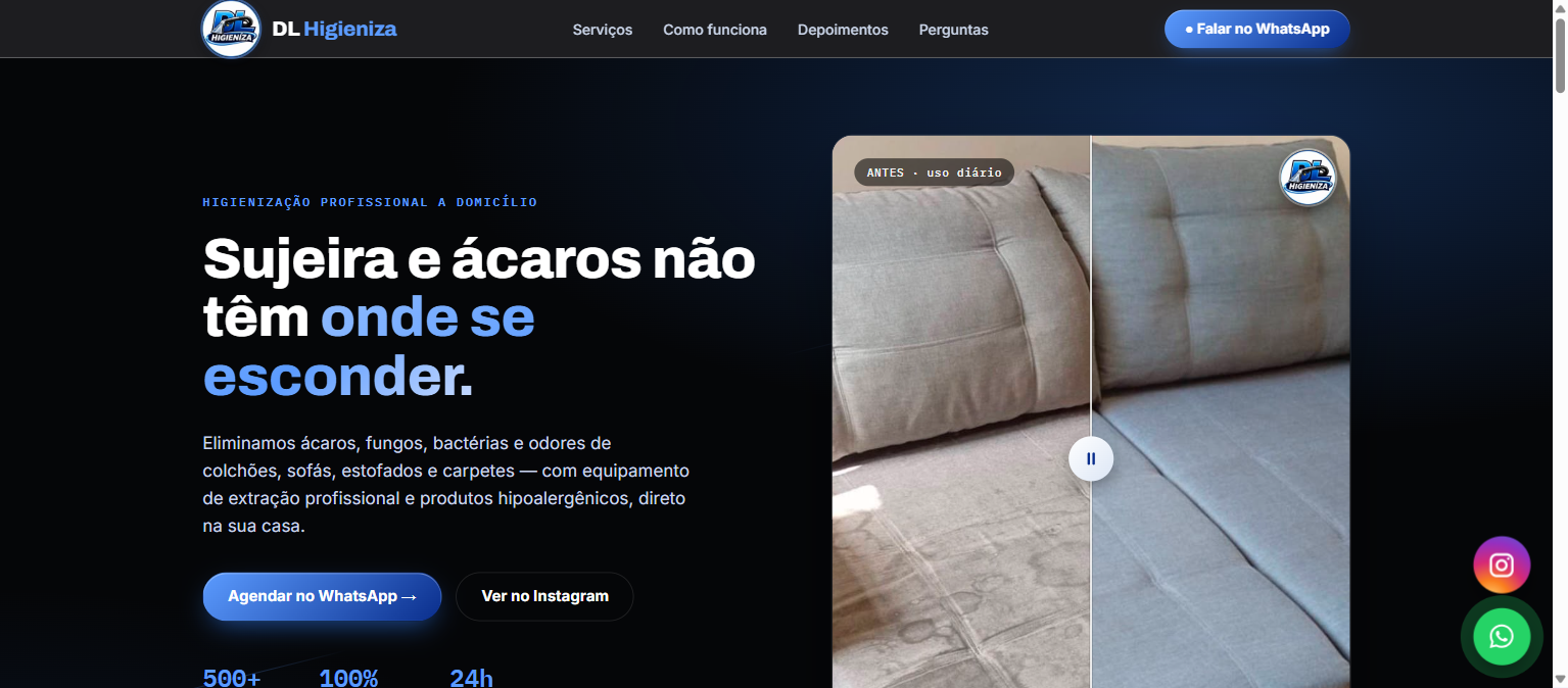 Site real da DL Higieniza, serviço de higienização de estofados, aberto no navegador